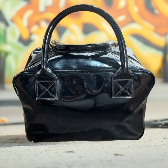 Patent Leather Vinyl Shiny Black Purse Handbag Bag Doctor Style - Picture 3 of 9